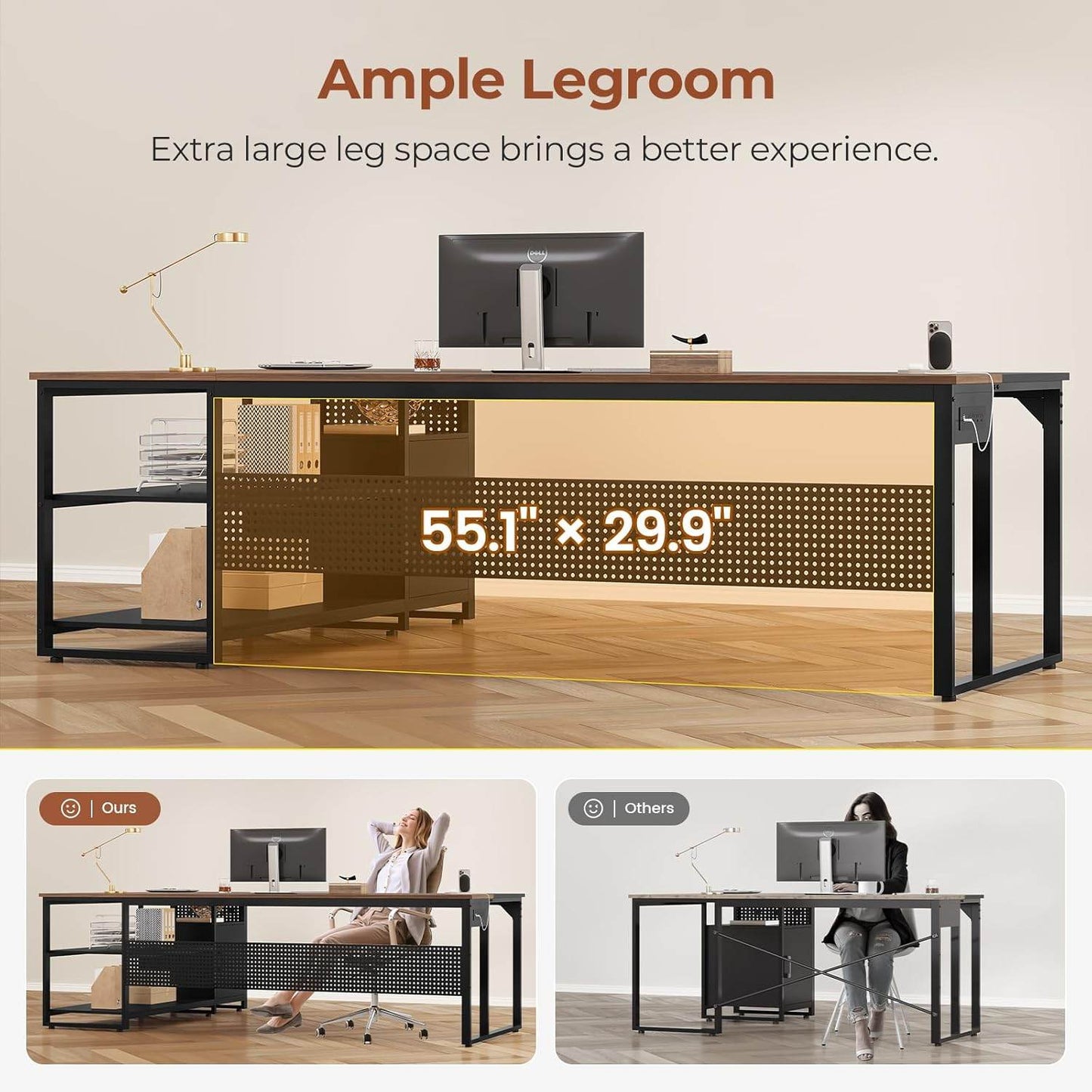 71 in Reversible L Shaped Executive Desk with Mobile File Cabinet and Power Outlets Walnut Brown
