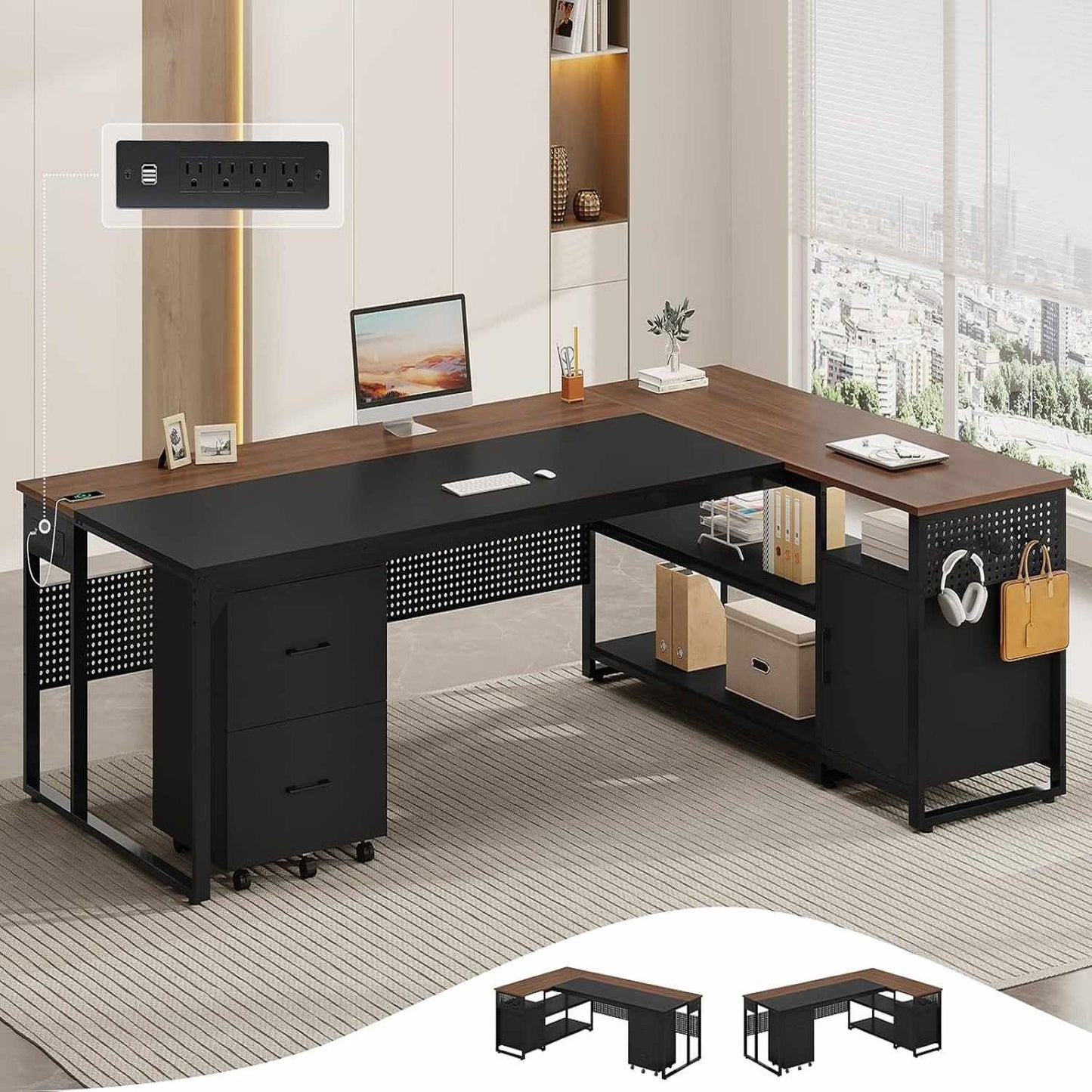 71 in Reversible L Shaped Executive Desk with Mobile File Cabinet and Power Outlets Walnut Brown