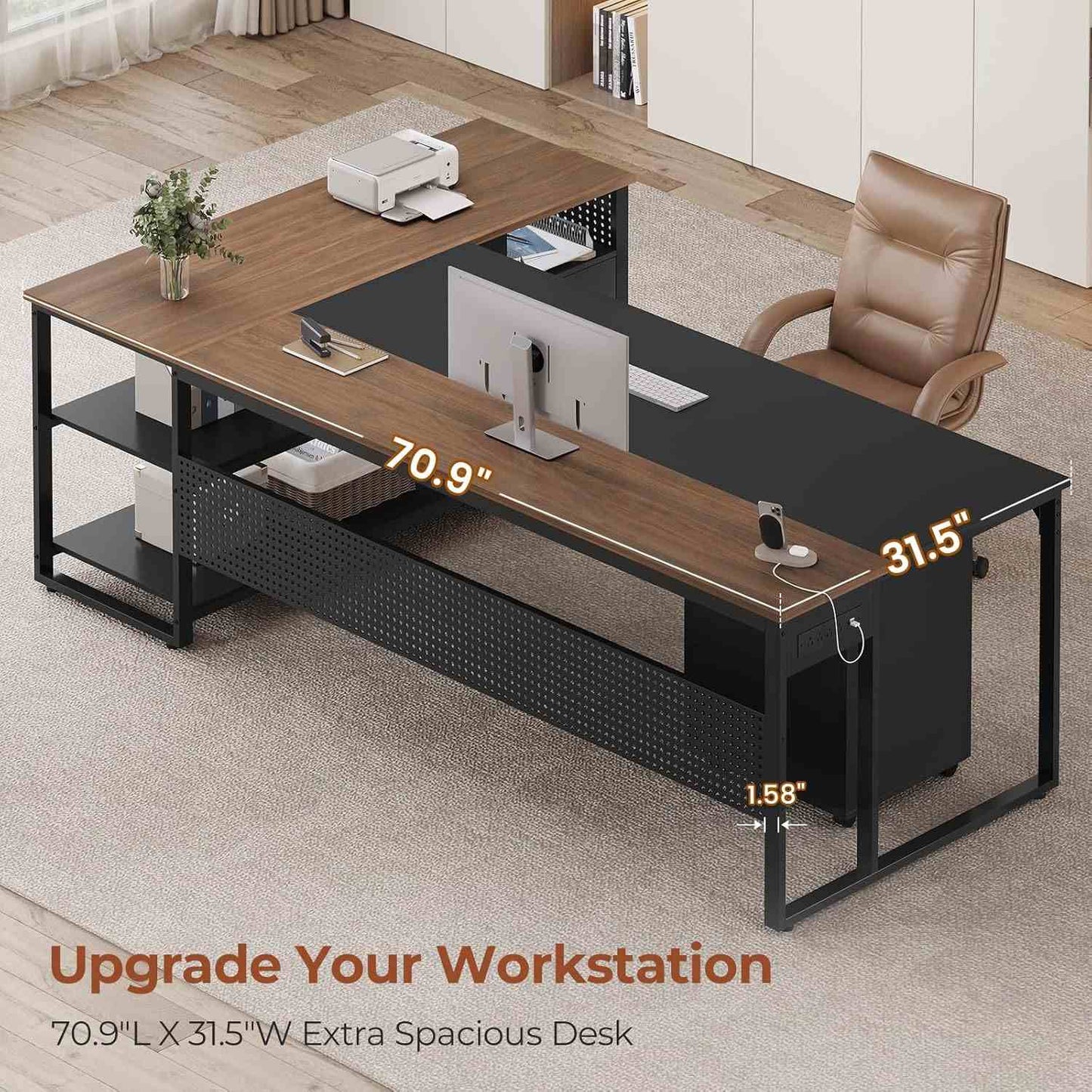 71 in Reversible L Shaped Executive Desk with Mobile File Cabinet and Power Outlets Walnut Brown