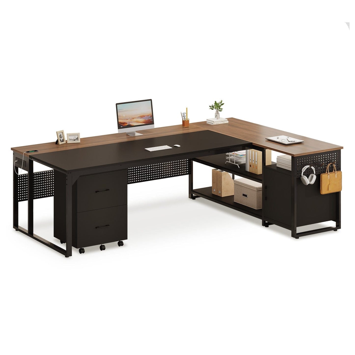 71 in Reversible L Shaped Executive Desk with Mobile File Cabinet and Power Outlets Walnut Brown