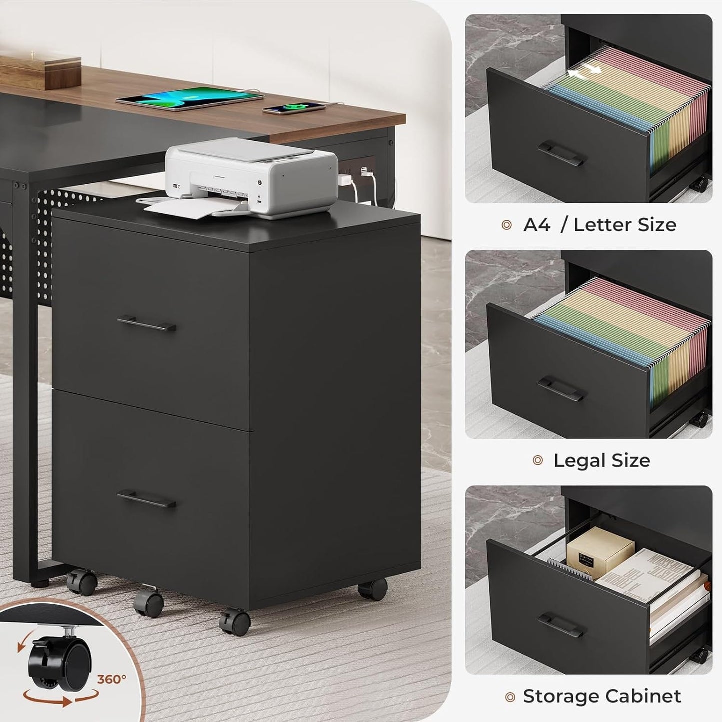 71 in Reversible L Shaped Executive Desk with Mobile File Cabinet and Power Outlets Walnut Brown