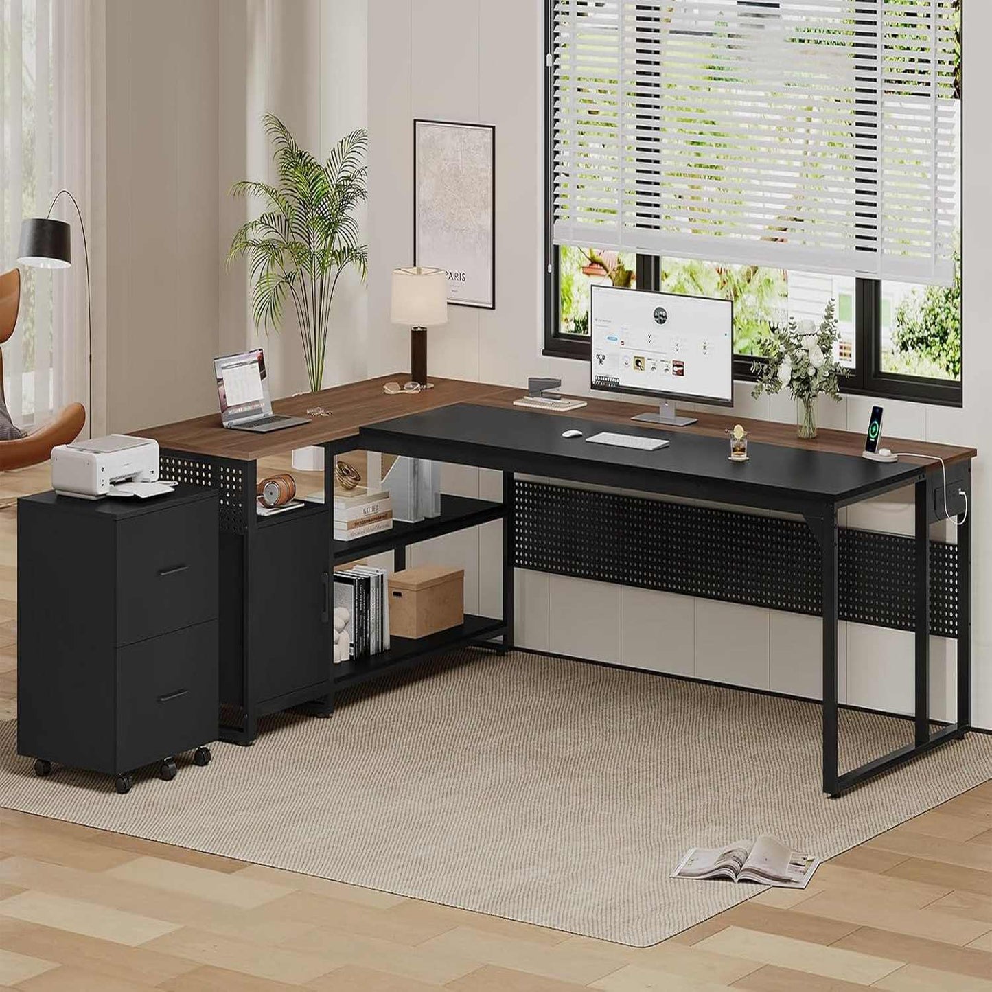 71 in Reversible L Shaped Executive Desk with Mobile File Cabinet and Power Outlets Walnut Brown