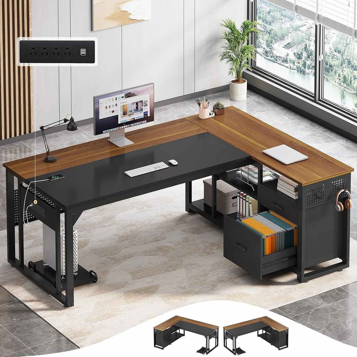 71 in Reversible L Shaped Executive Desk with Power Outlets Walnut