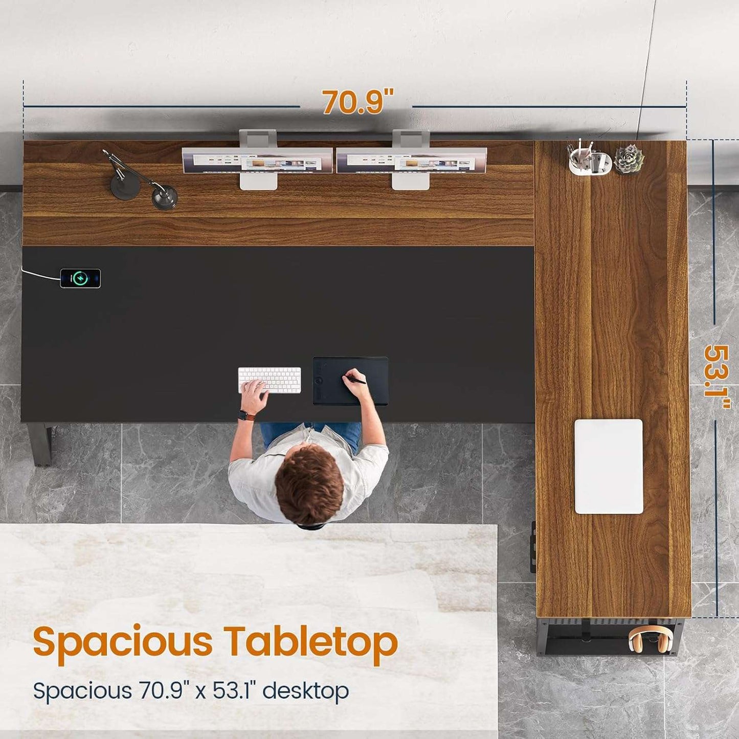 71 in Reversible L Shaped Executive Desk with Power Outlets Walnut