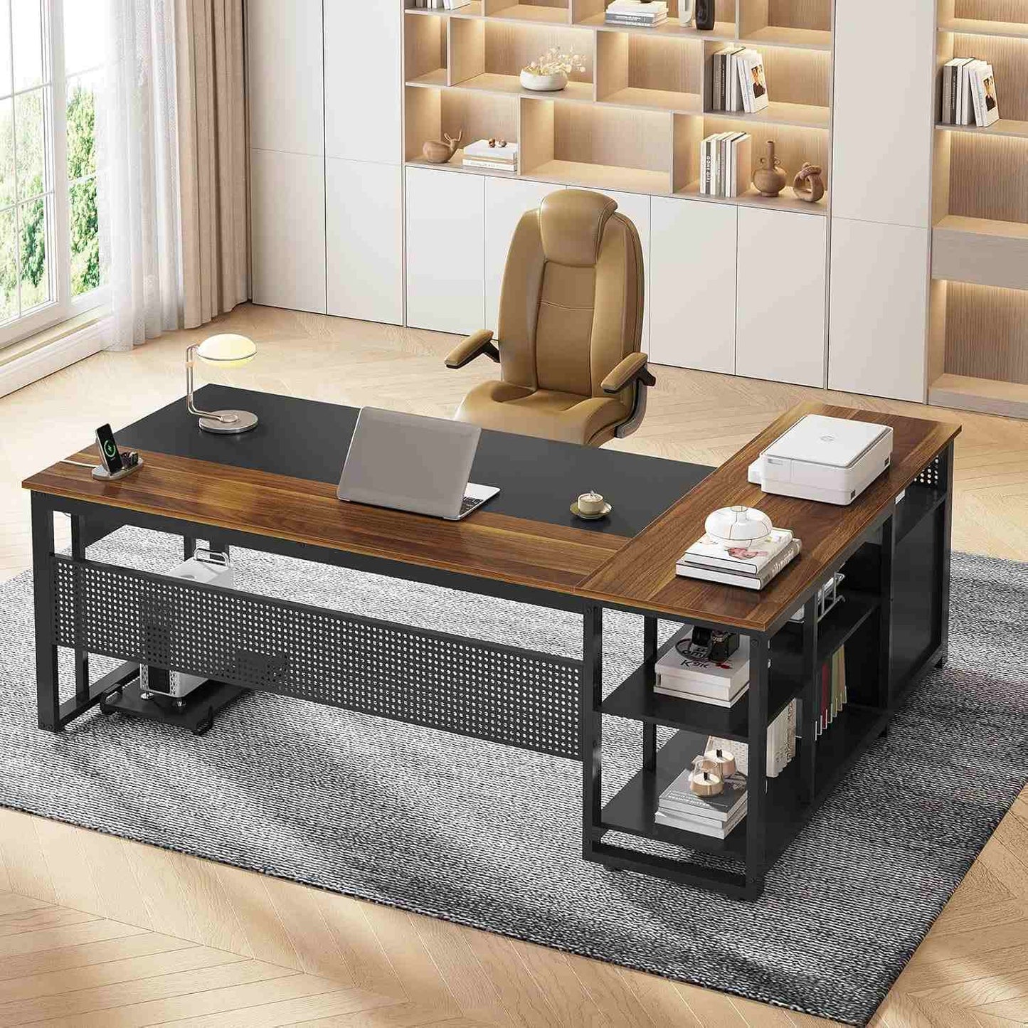 71 in Reversible L Shaped Executive Desk with Power Outlets Walnut