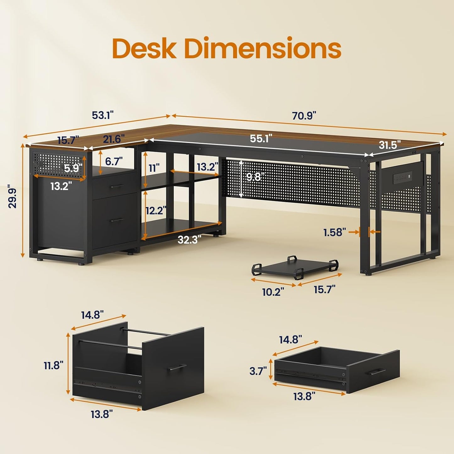 71 in Reversible L Shaped Executive Desk with Power Outlets Walnut