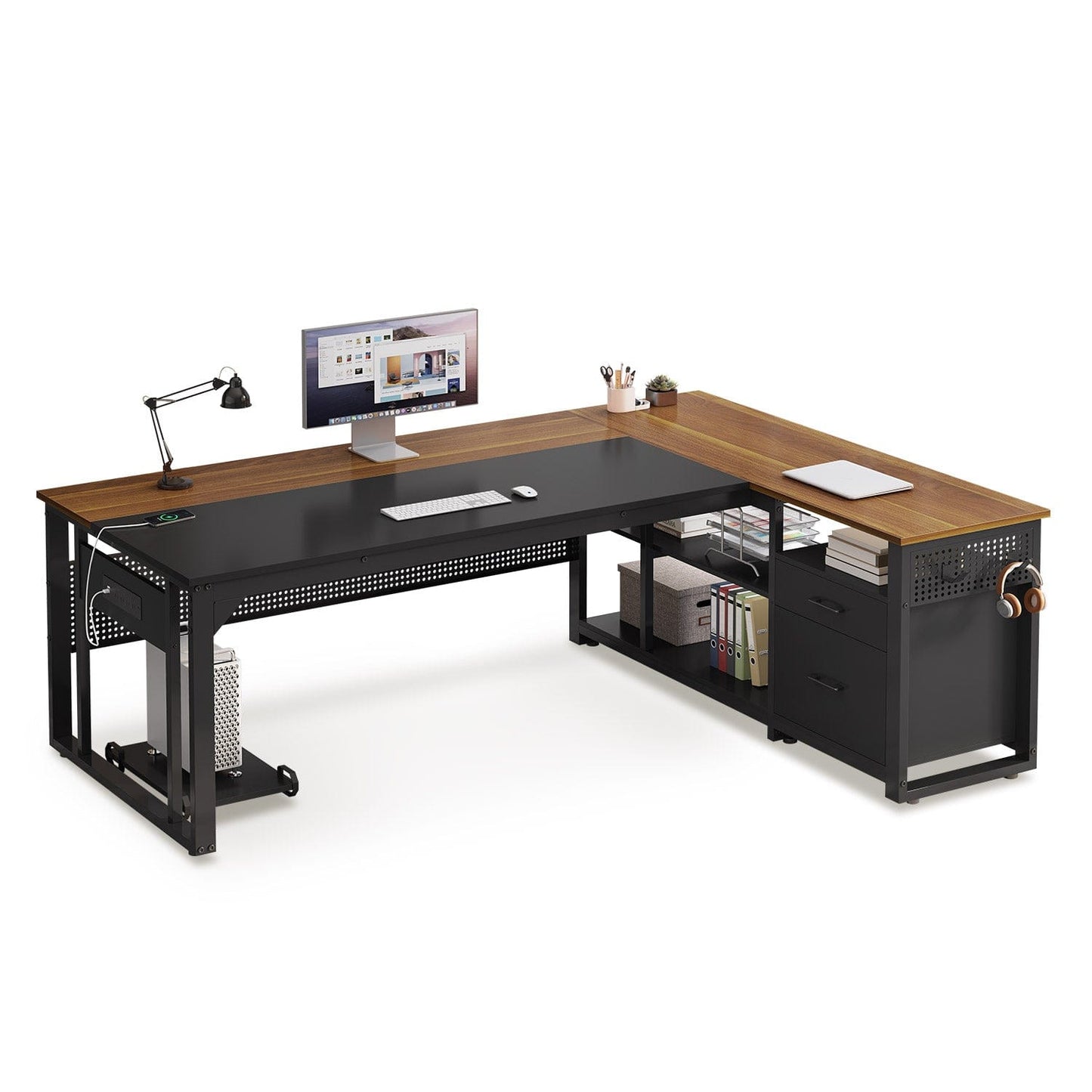 71 in Reversible L Shaped Executive Desk with Power Outlets Walnut