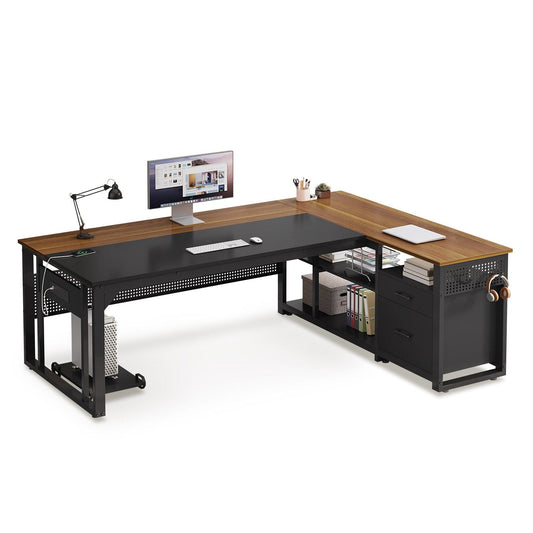 71 in Reversible L Shaped Executive Desk with Power Outlets Walnut