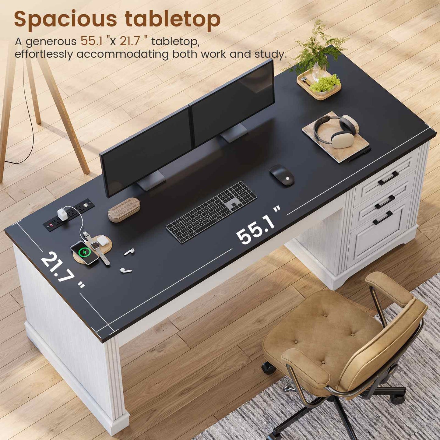 55 Inches Computer Desk with Power Outlet and 3 Storage Drawers White