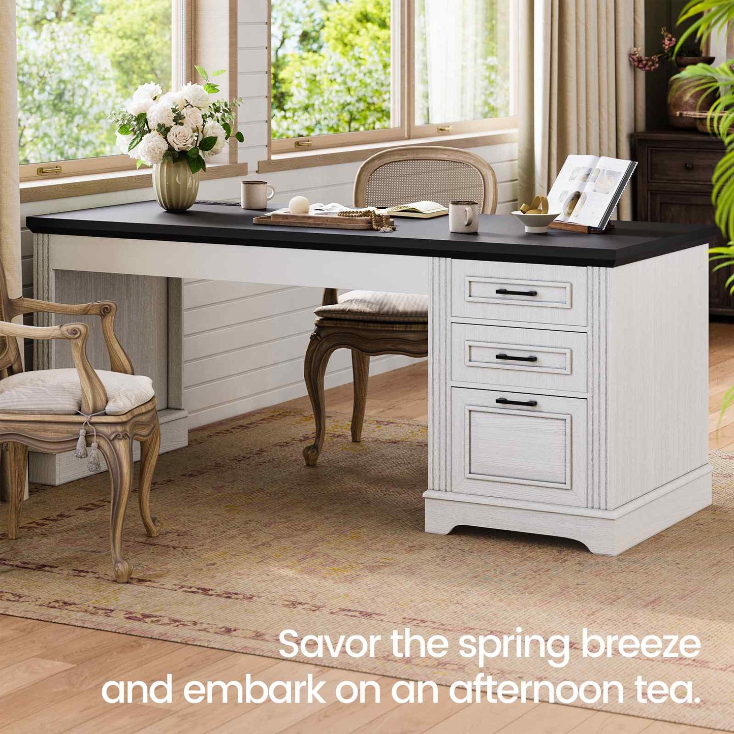 55 Inches Computer Desk with Power Outlet and 3 Storage Drawers White