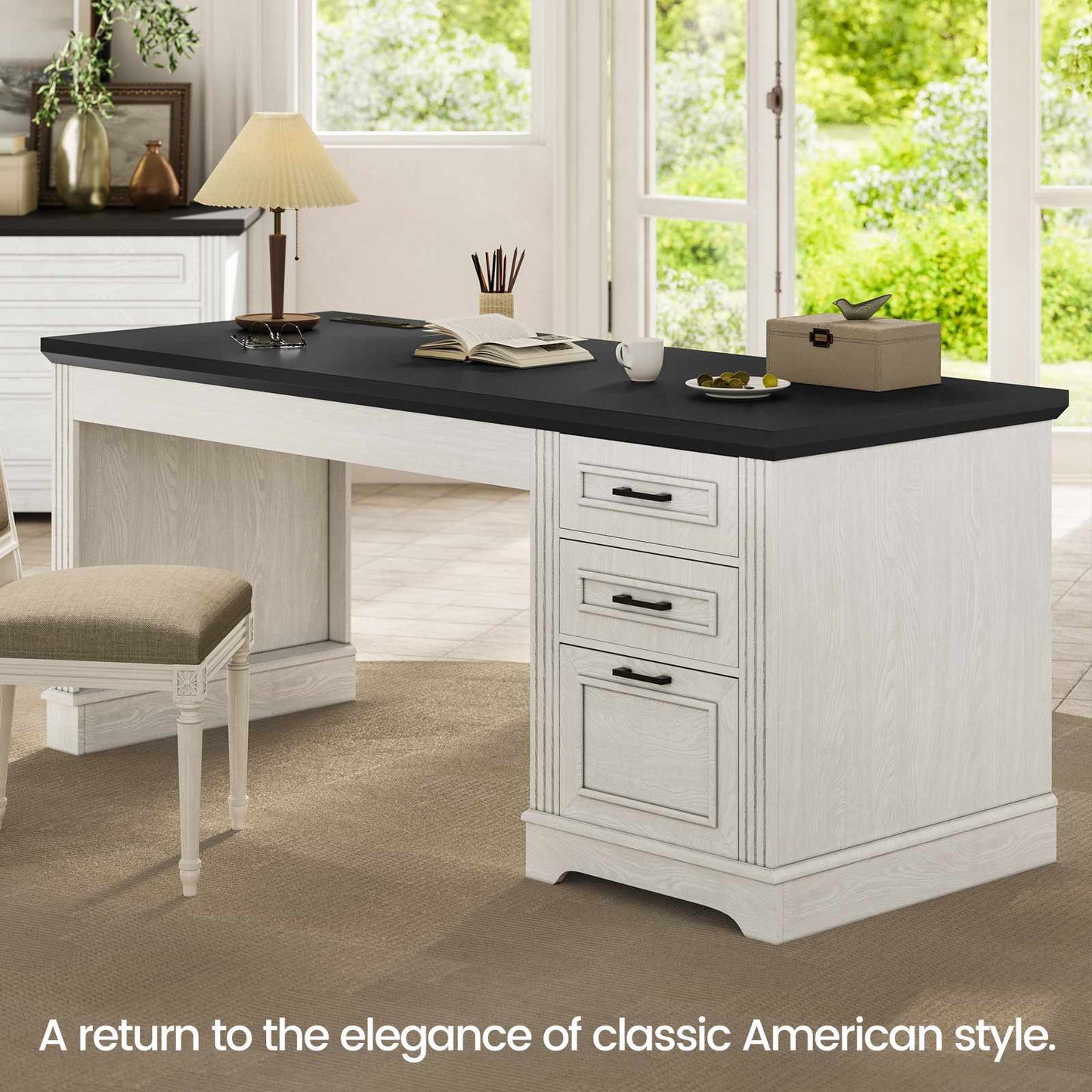 55 Inches Computer Desk with Power Outlet and 3 Storage Drawers White
