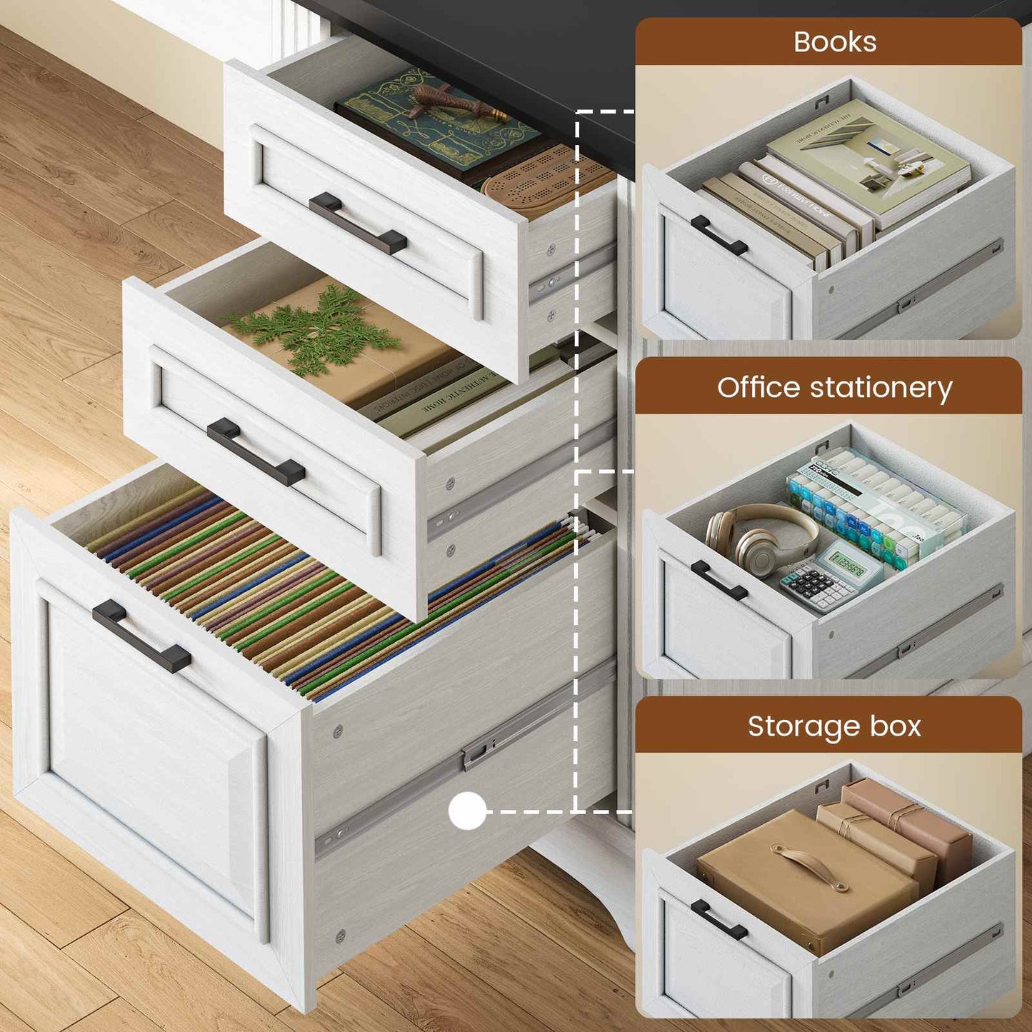 55 Inches Computer Desk with Power Outlet and 3 Storage Drawers White