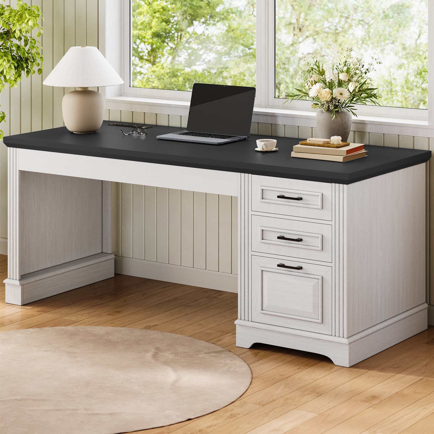 55 Inches Computer Desk with Power Outlet and 3 Storage Drawers White