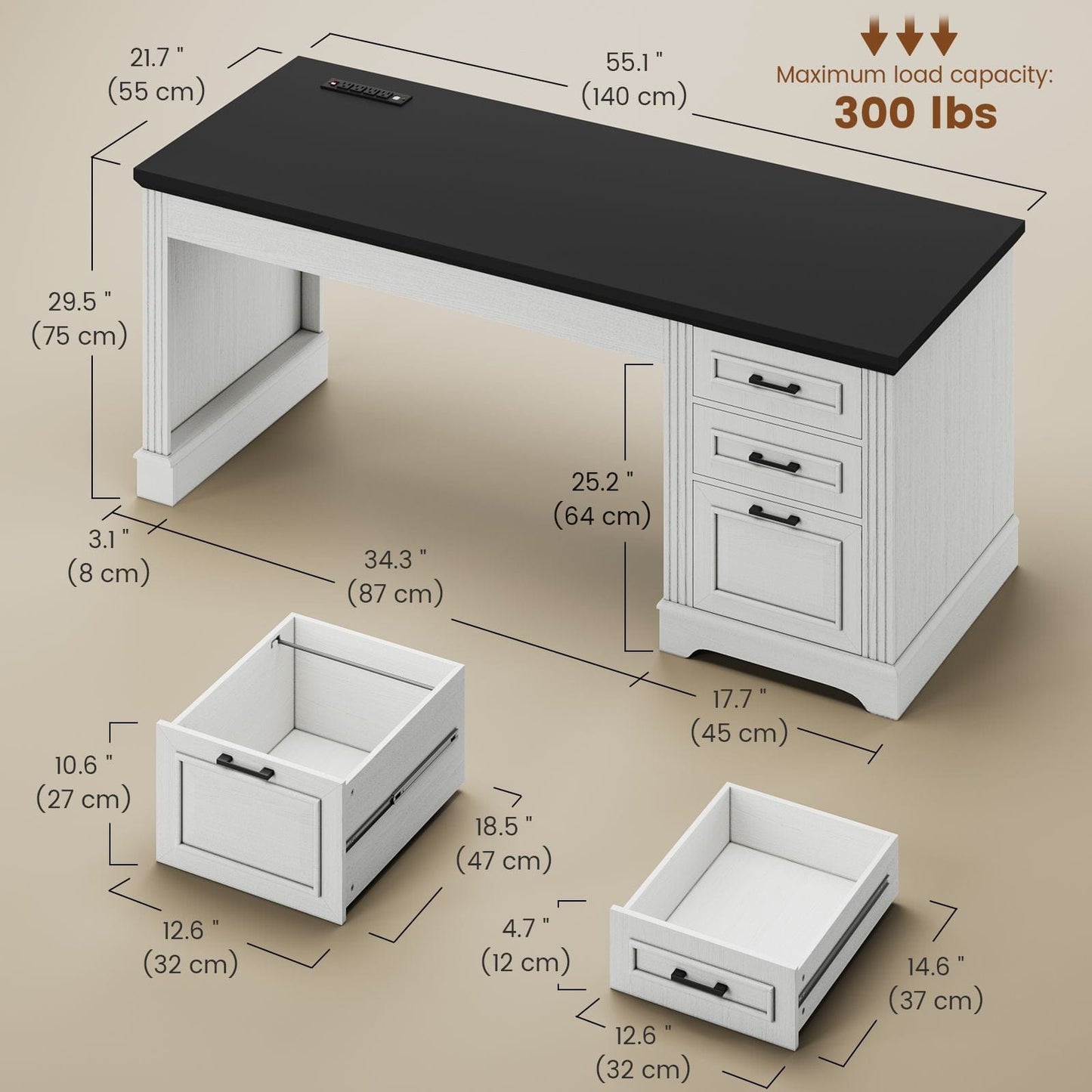 55 Inches Computer Desk with Power Outlet and 3 Storage Drawers White