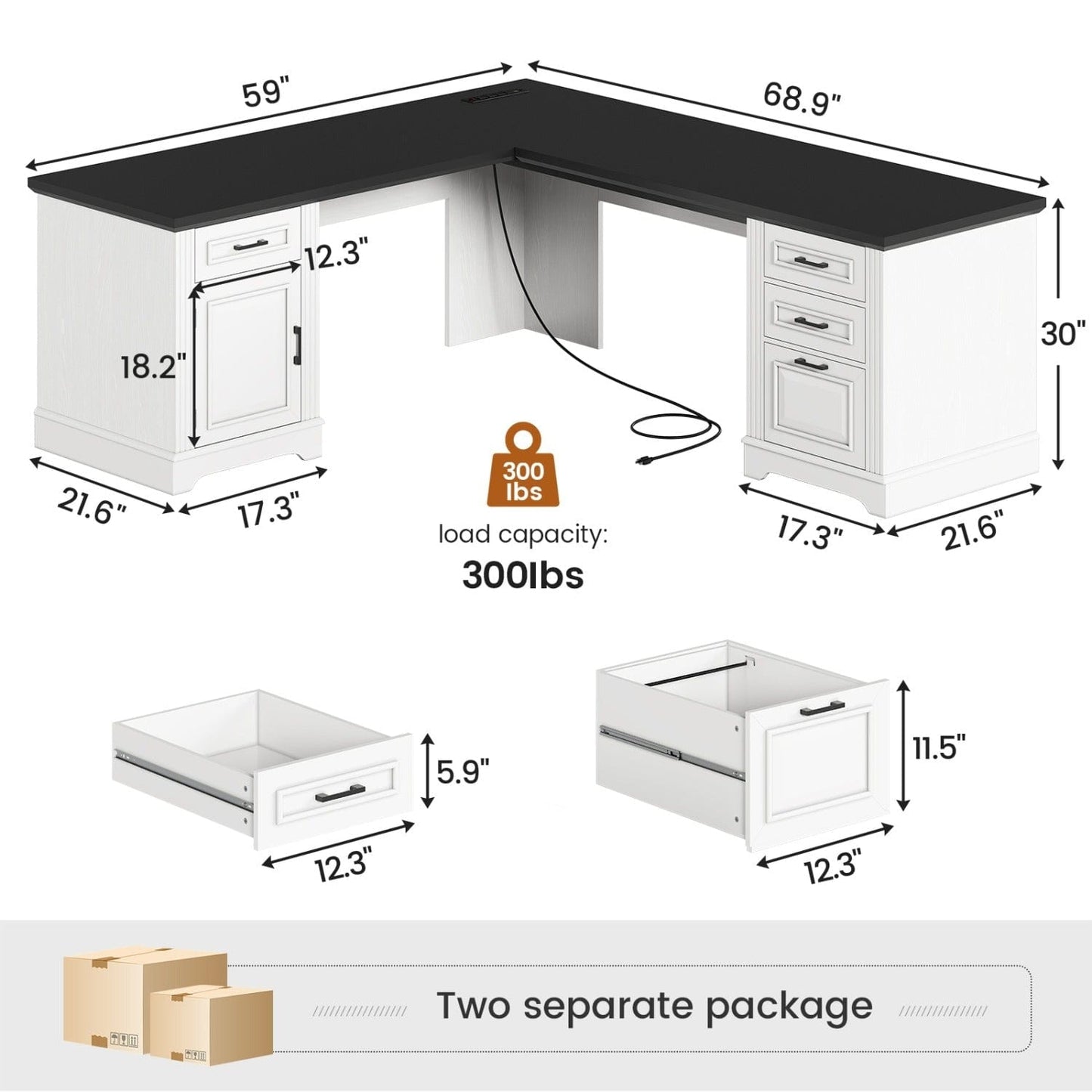 69 Inches L Shaped Computer Desk White