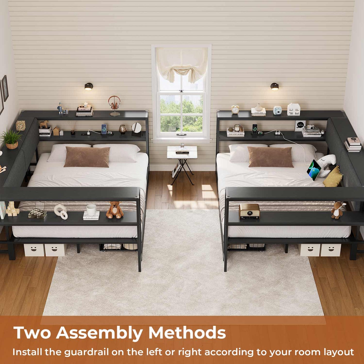 Full Size Daybeds with Charging Station and Storage Shelves Black