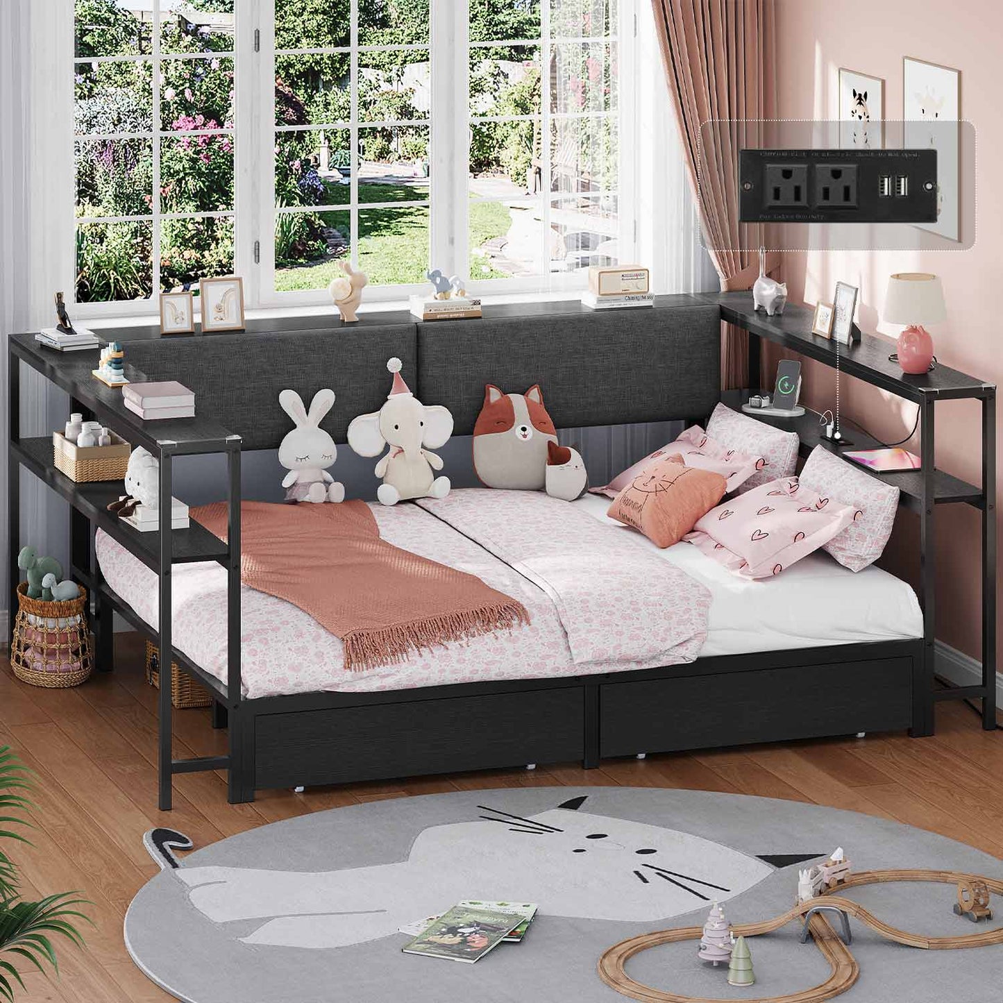 Full Size Daybeds with Charging Station and Storage Shelves Black