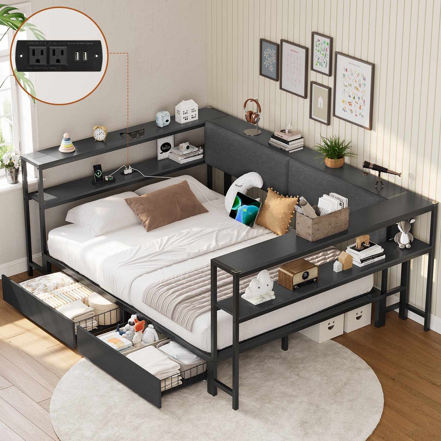 Full Size Daybeds with Charging Station and Storage Shelves Black