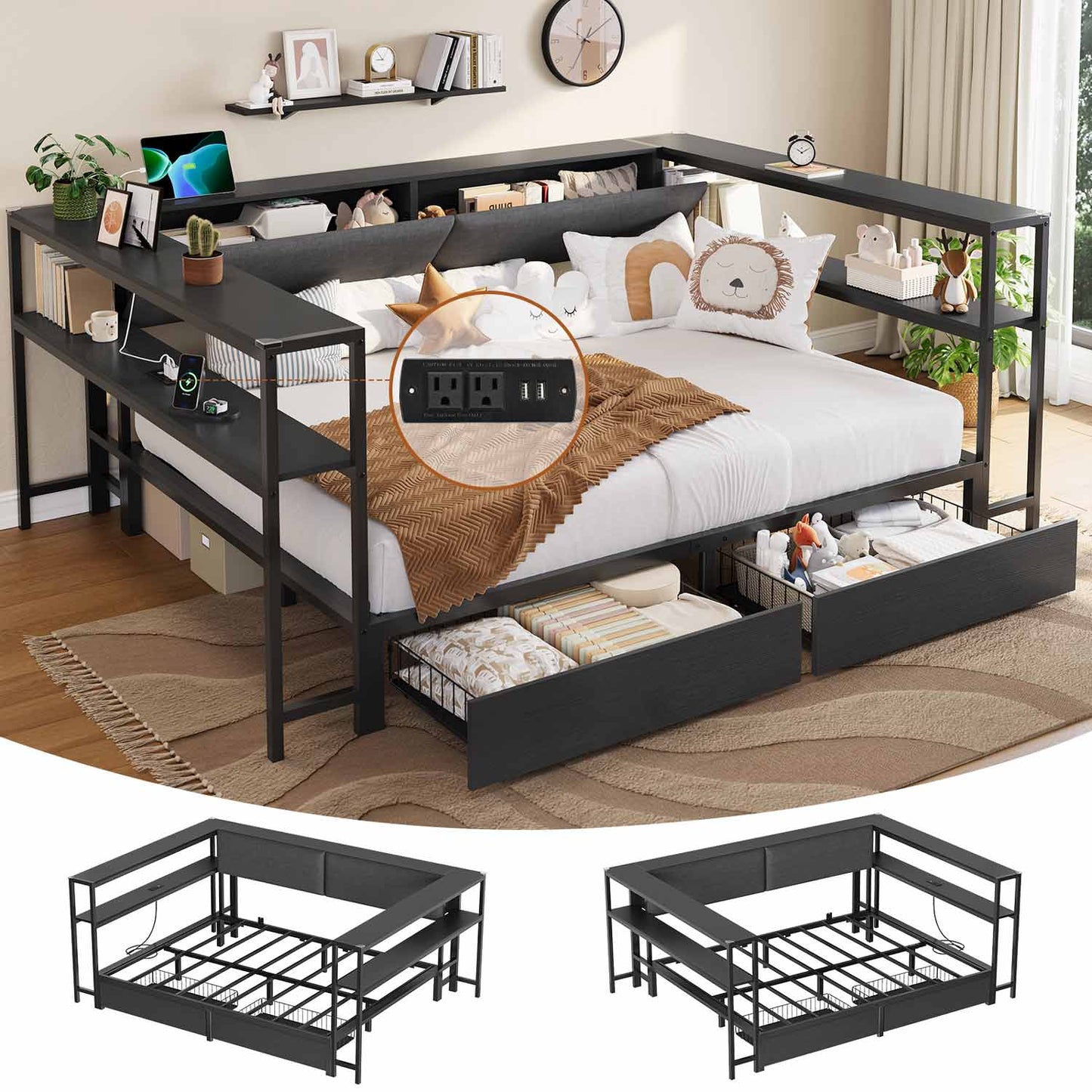 Full Size Daybeds with Charging Station and Storage Shelves Black