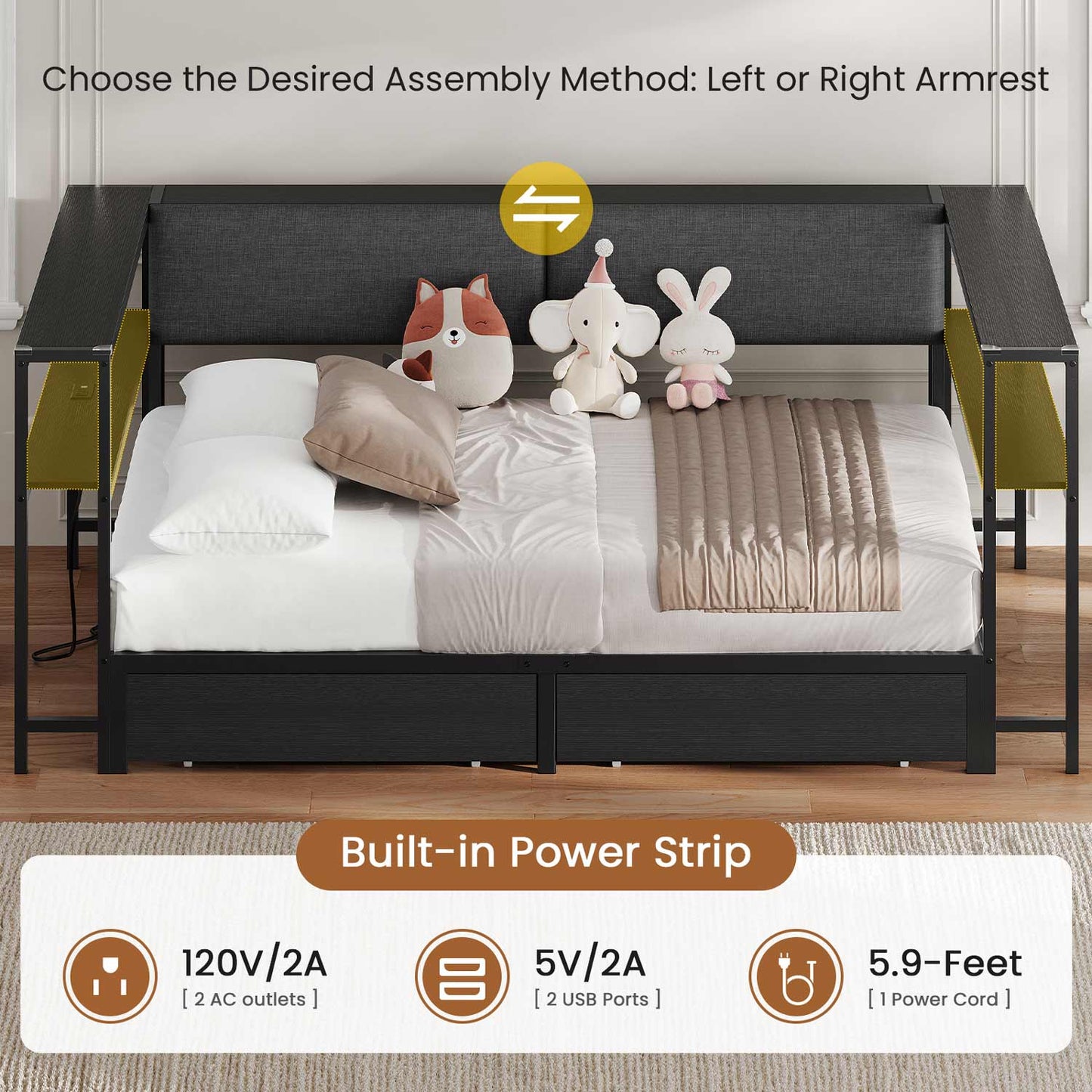 Full Size Daybeds with Charging Station and Storage Shelves Black