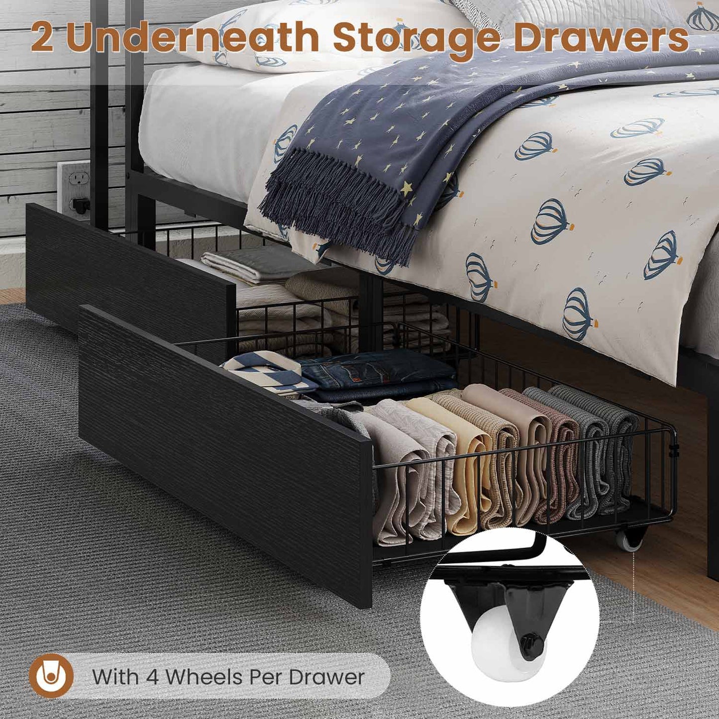 Full Size Daybeds with Charging Station and Storage Shelves Black