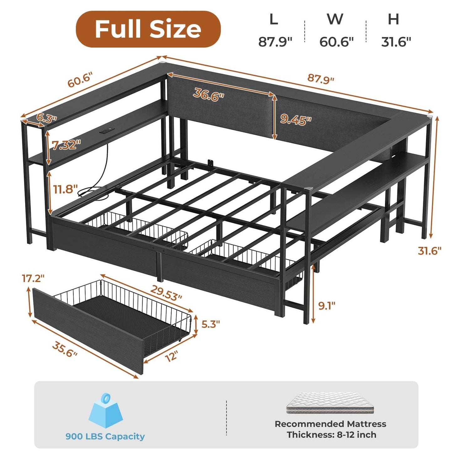 Full Size Daybeds with Charging Station and Storage Shelves Black