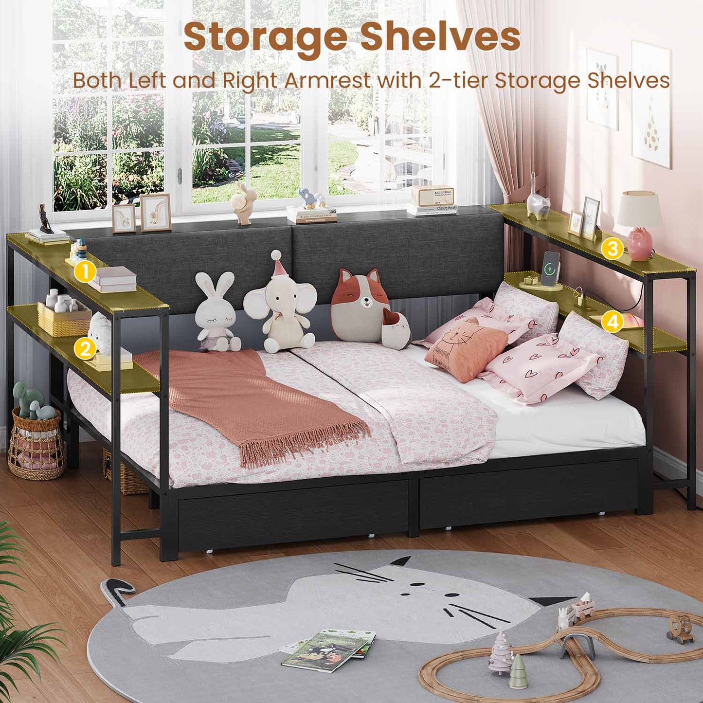 Full Size Daybeds with Charging Station and Storage Shelves Black
