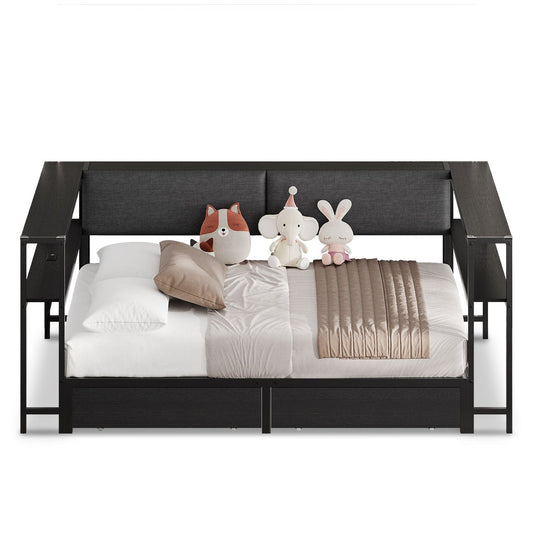 Full Size Daybeds with Charging Station and Storage Shelves Black