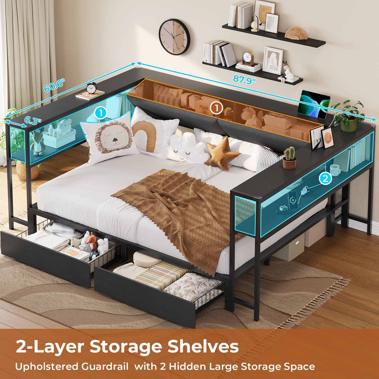 Full Size Daybeds with Charging Station and Storage Shelves Black