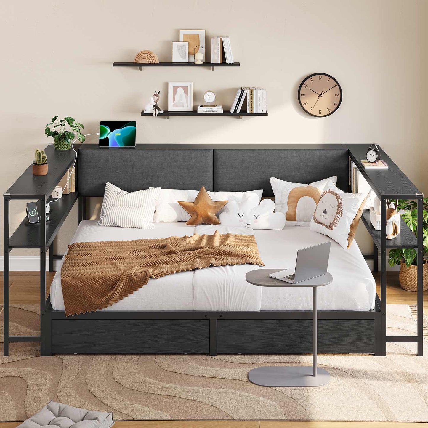 Full Size Daybeds with Charging Station and Storage Shelves Black