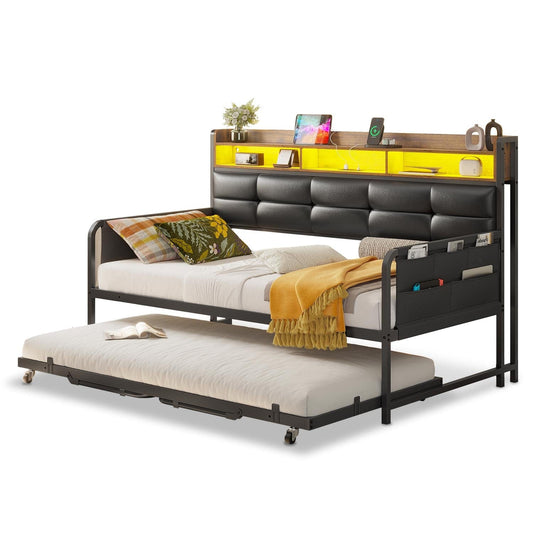 Twin Daybeds with Trundle and Upholstered Headboard Black