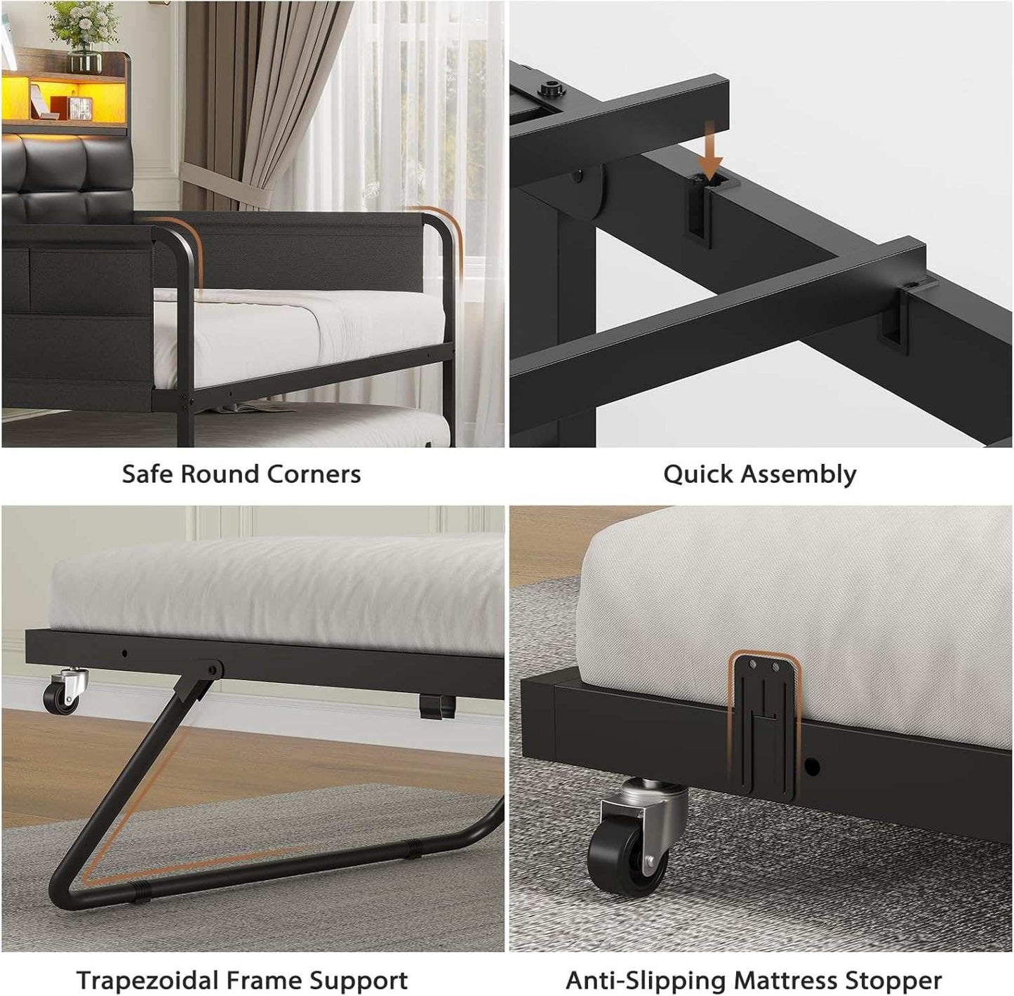 Twin Daybeds with Trundle and Upholstered Headboard Black
