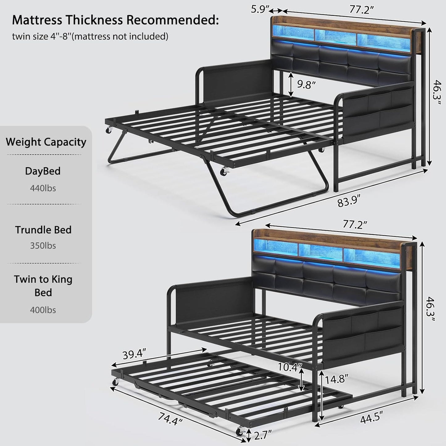 Twin Daybeds with Trundle and Upholstered Headboard Black