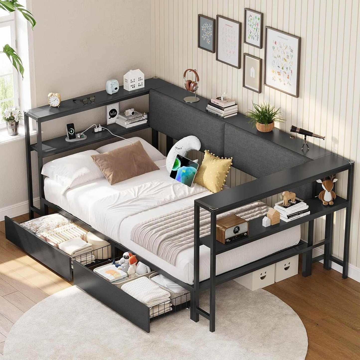 Twin Size Daybeds with Charging Station and Storage Shelves Black