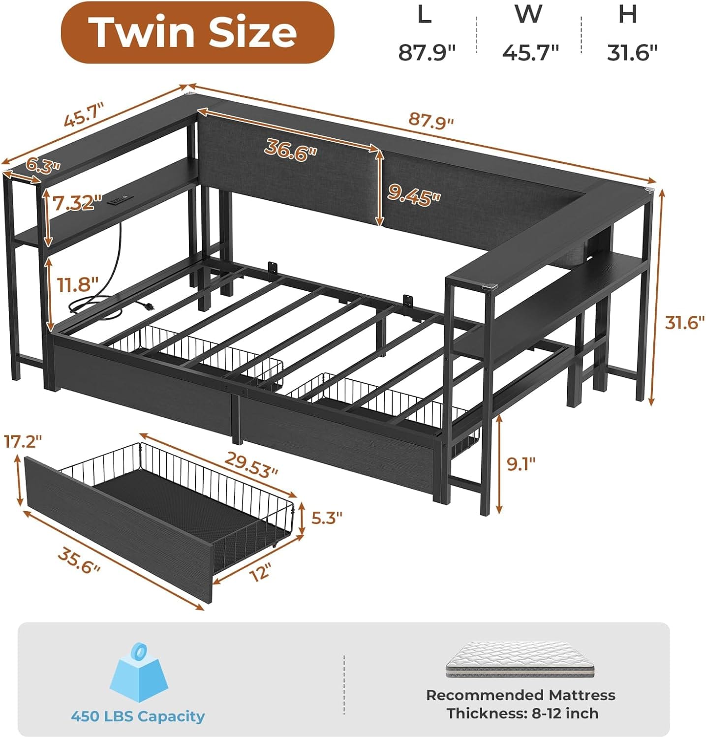 Twin Size Daybeds with Charging Station and Storage Shelves Black