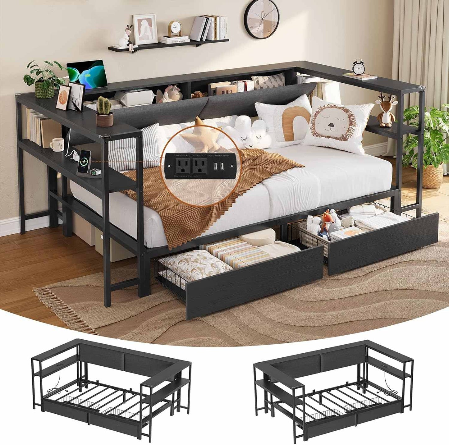 Twin Size Daybeds with Charging Station and Storage Shelves Black