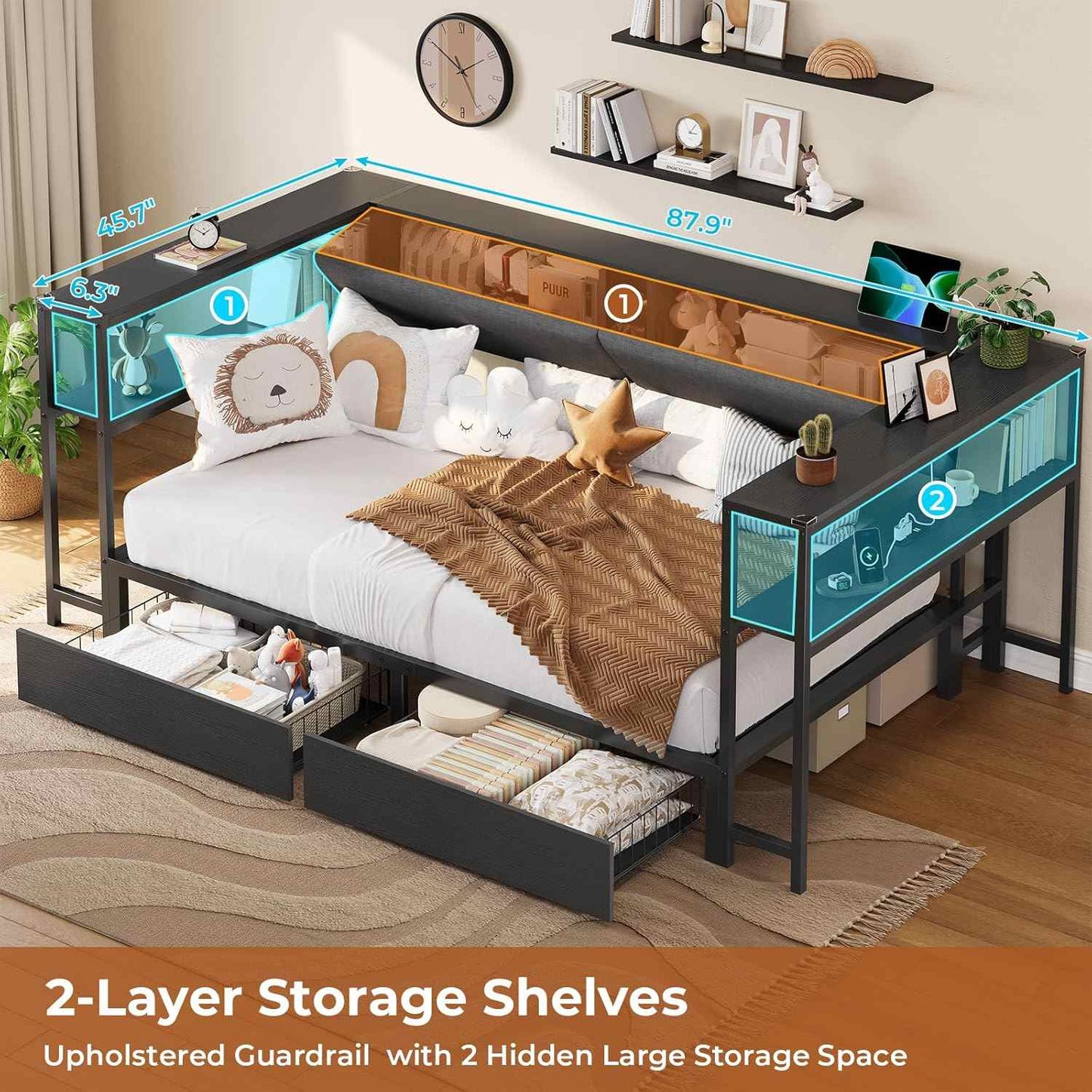 Twin Size Daybeds with Charging Station and Storage Shelves Black