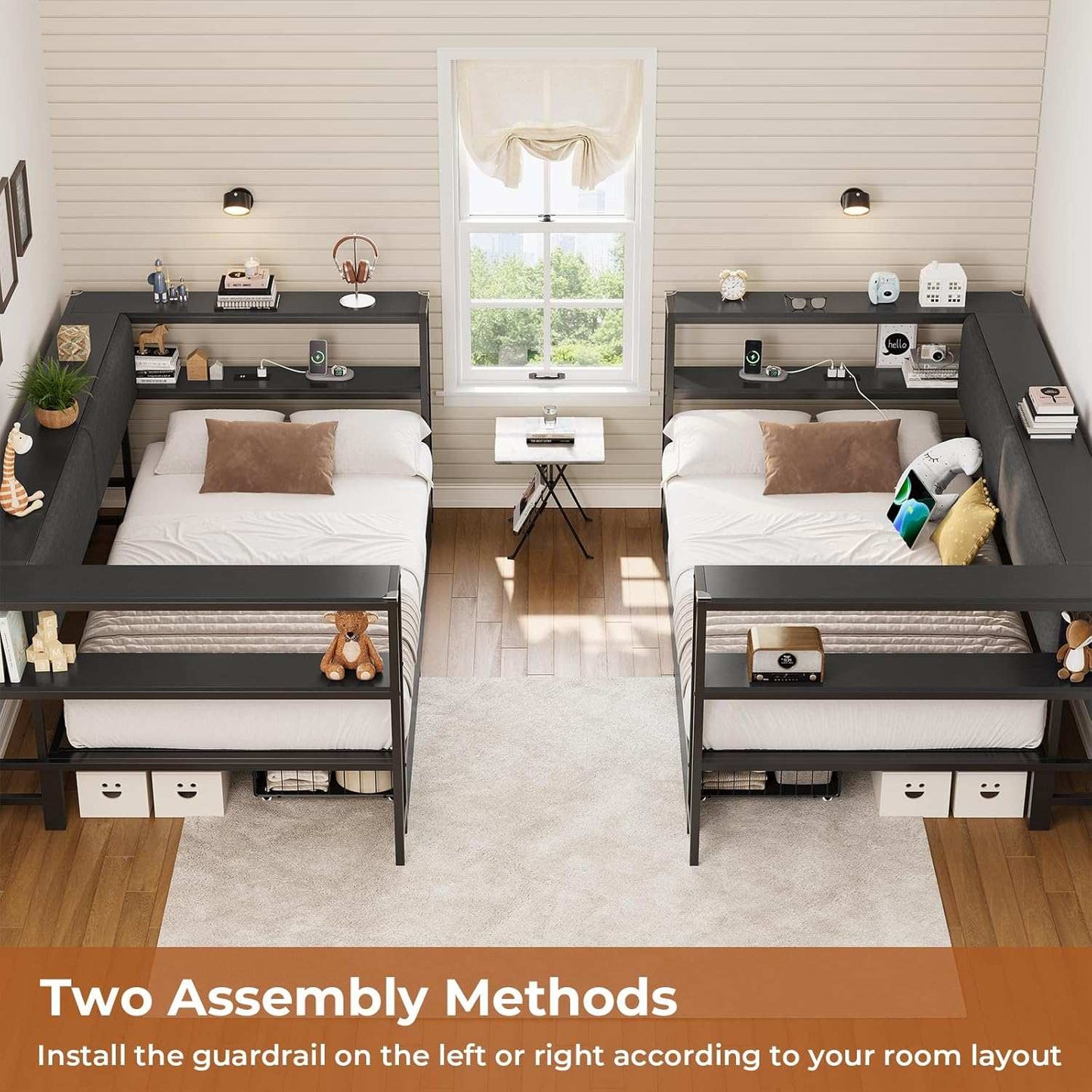 Twin Size Daybeds with Charging Station and Storage Shelves Black
