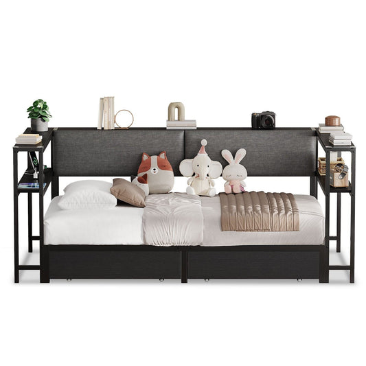 Twin Size Daybeds with Charging Station and Storage Shelves Black