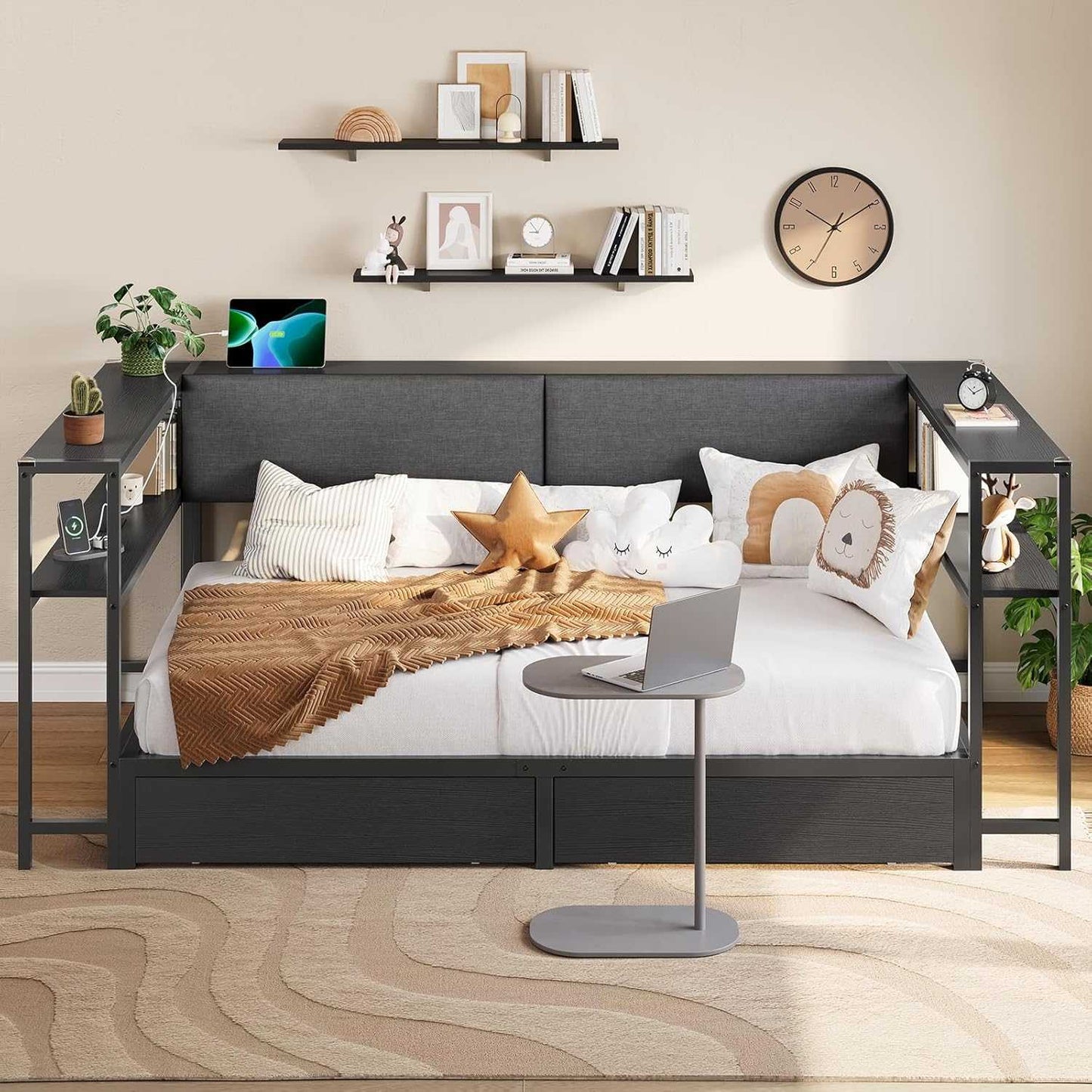 Twin Size Daybeds with Charging Station and Storage Shelves Black