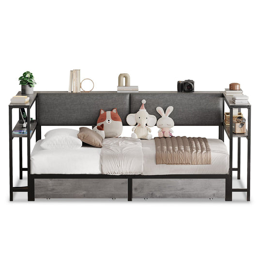 Twin Size Daybeds with Charging Station and Storage Shelves Grey