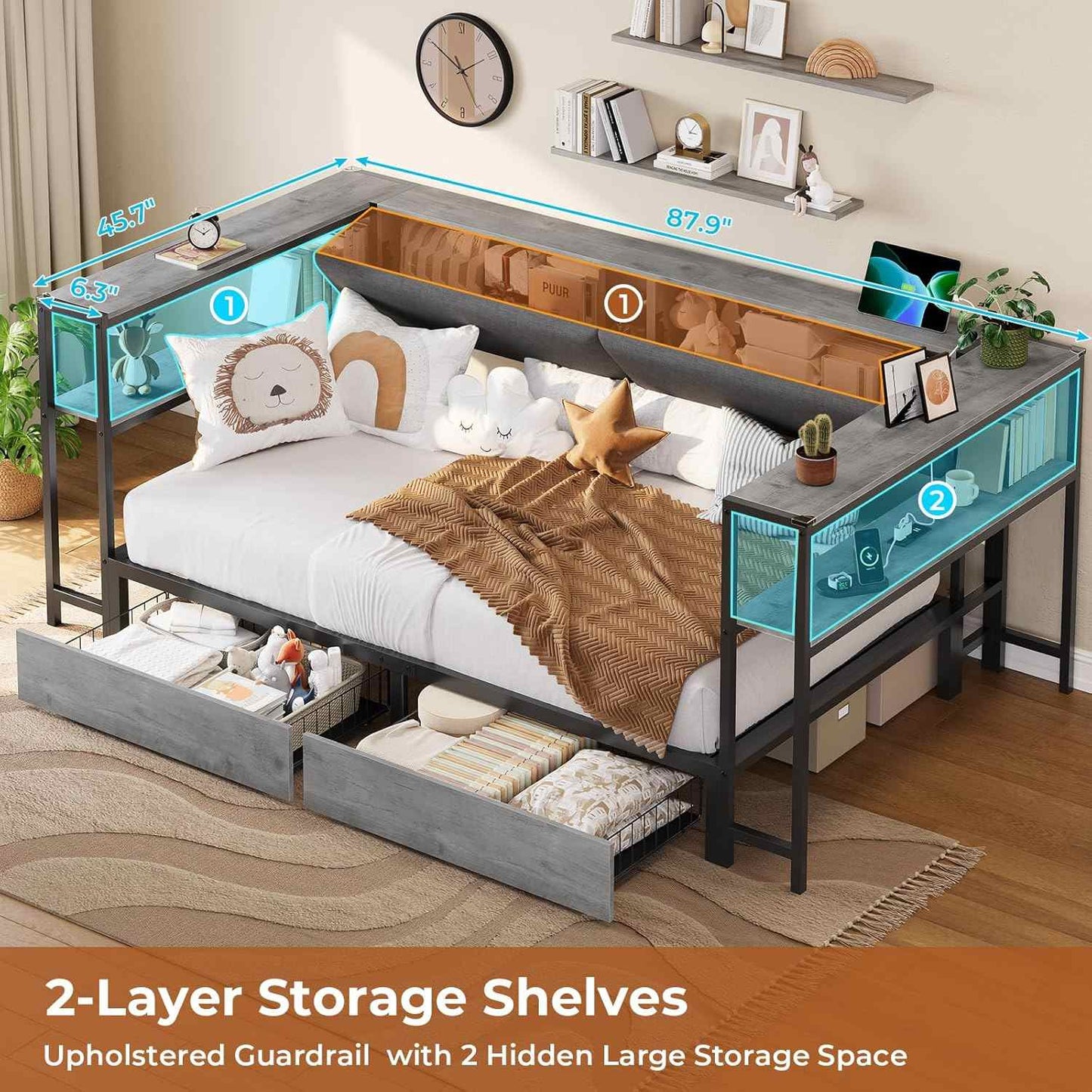 Twin Size Daybeds with Charging Station and Storage Shelves Grey