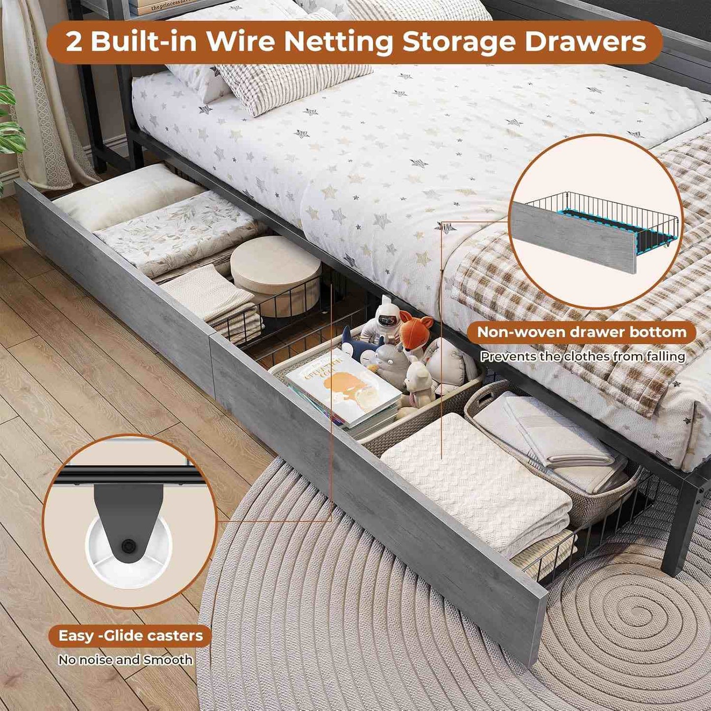Twin Size Daybeds with Charging Station and Storage Shelves Grey