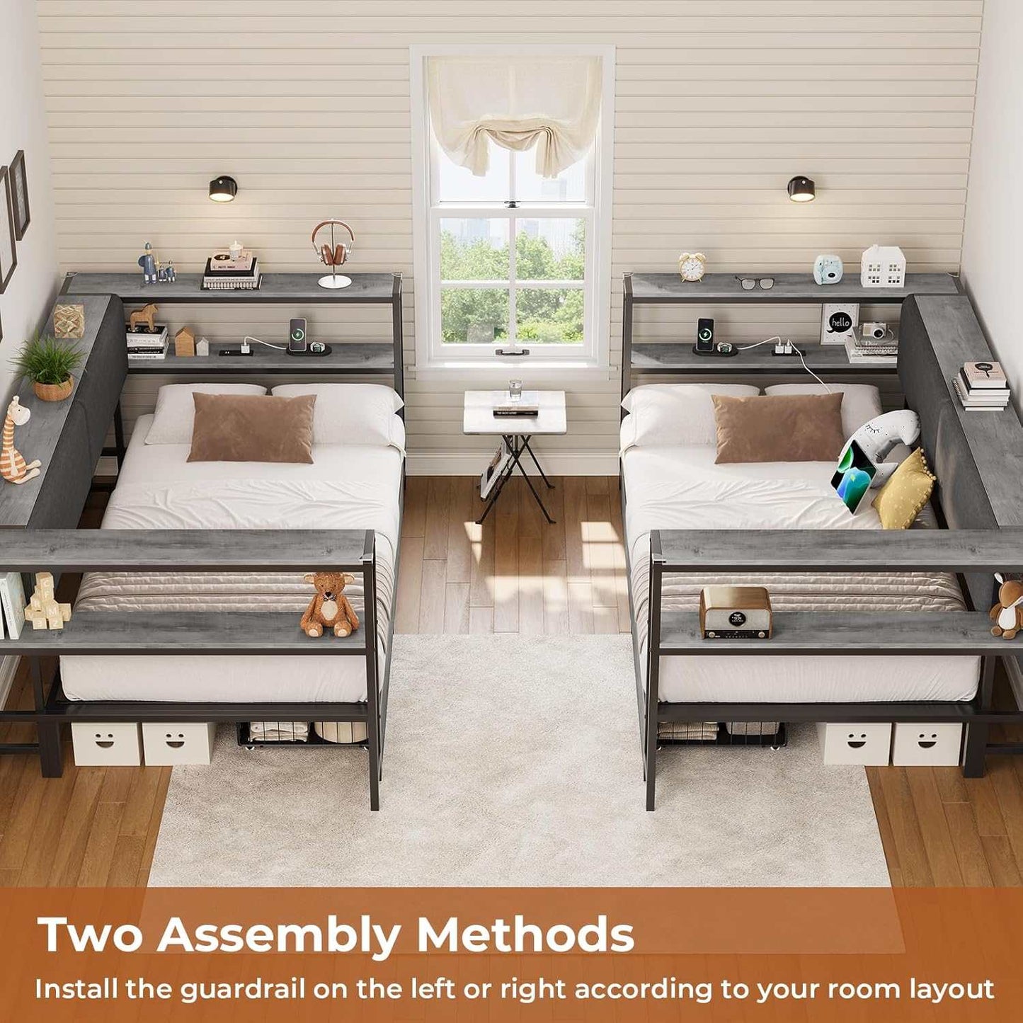 Twin Size Daybeds with Charging Station and Storage Shelves Grey