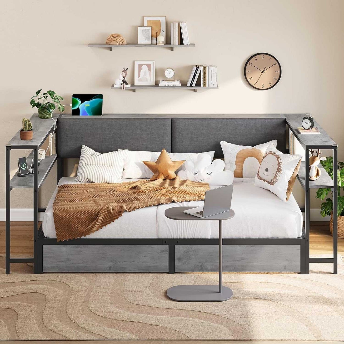Twin Size Daybeds with Charging Station and Storage Shelves Grey