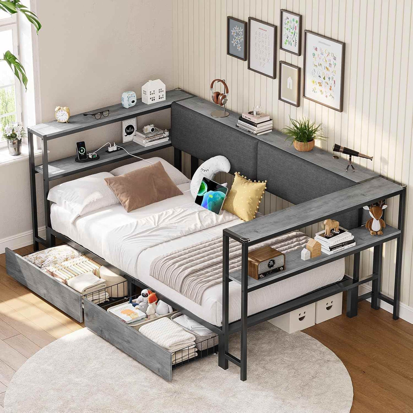 Twin Size Daybeds with Charging Station and Storage Shelves Grey