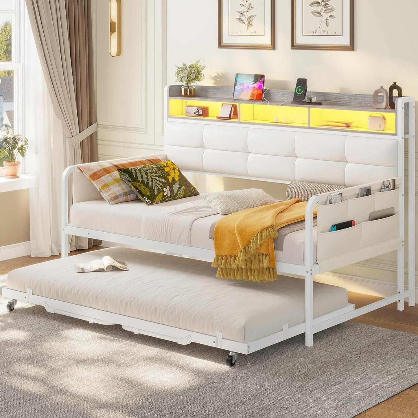 Twin Daybeds with Trundle and Upholstered Headboard White