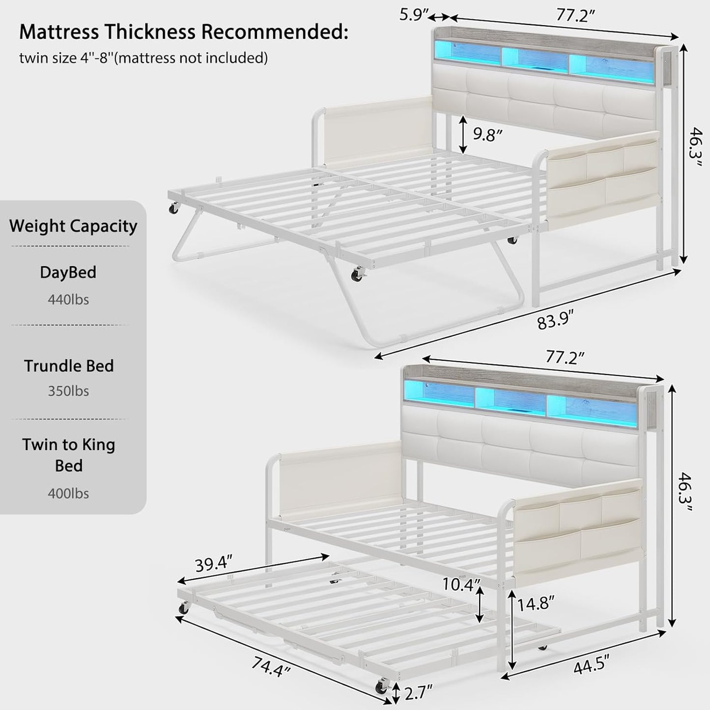 Twin Daybeds with Trundle and Upholstered Headboard White