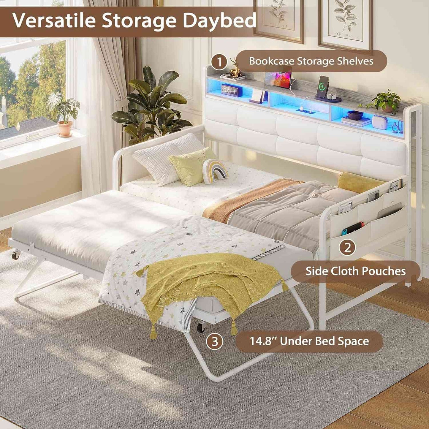 Twin Daybeds with Trundle and Upholstered Headboard White