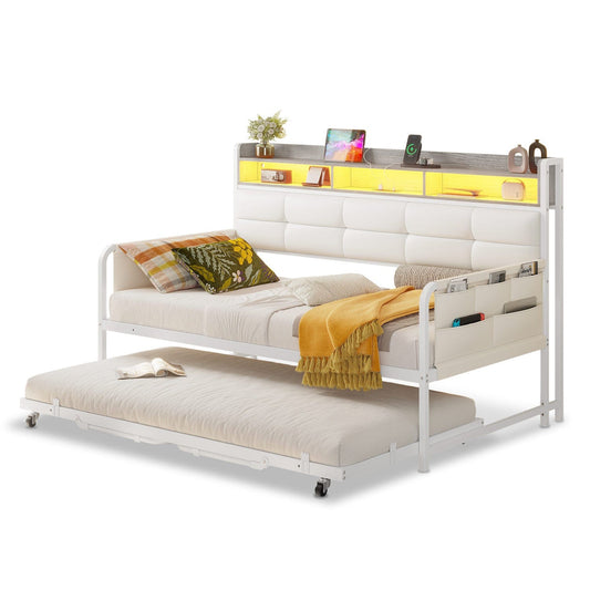 Twin Daybeds with Trundle and Upholstered Headboard White